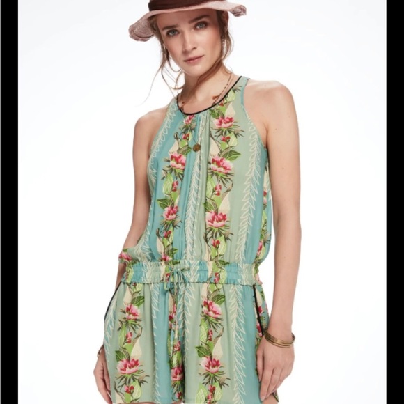 Scotch & Soda Pants - Scotch & Soda Floral Mint Green Teal Halter Jumpsuit